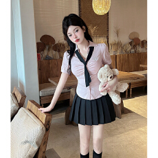 批发夏季jk制服套装女学院风甜美洋气减龄设计感短袖衬衫<b class='q'>半身裙</b>两件套