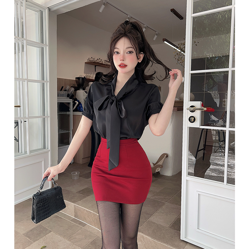 프랑스식 품격 새틴 반팔 여성 셔츠 여름 화이트 나비 매듭 맨위 몸매 가꾸기 타이트 스커트 투피스 세트