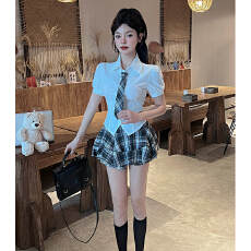 批发学院风jk制服短袖衬衫女<b class='q'>夏</b>季纯欲甜辣妹显瘦短款上衣格子裙两件套