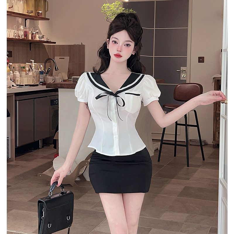 순수한 욕망 핫걸 jk 유니폼 허리 수축 타이트 스커트 섹시함 반팔 셔츠 여름 학원 스타일 기술자 작업복 여성복