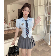 批发小清新jk制服套装甜美学院风短款收腰短袖衬衫百褶半裙两件套
