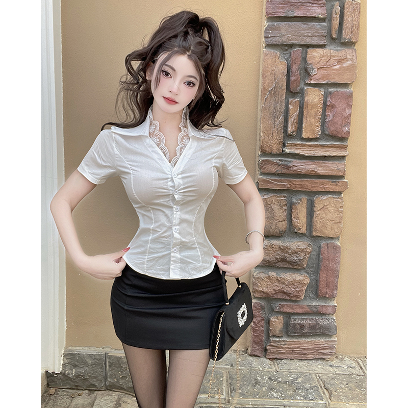 섹시함 V넥 반팔 여성 셔츠 여름 비즈니스웨어 화이트 셔츠 품격 허리 수축 맨위 타이트 스커트 작업복