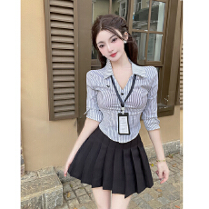 批发御姐风七分袖条纹紧身衬衣女夏季高腰百褶裙职业装前台<b class='q'>工作服</b><b class='q'>套装</b>