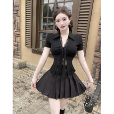 批发蕾丝拼接性感V领短袖衬衫女T恤上衣百褶半身裙职业工作服套装