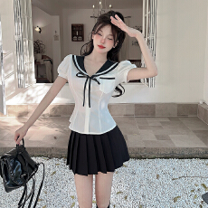 批发学院风jk制服套装女<b class='q'>夏</b>季甜美海军领收腰短袖衬衫百褶裙两件套