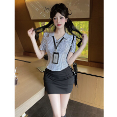 批发辣妹纯欲性感V领短袖条纹衬衣修身衬衫包臀裙时尚两件套装