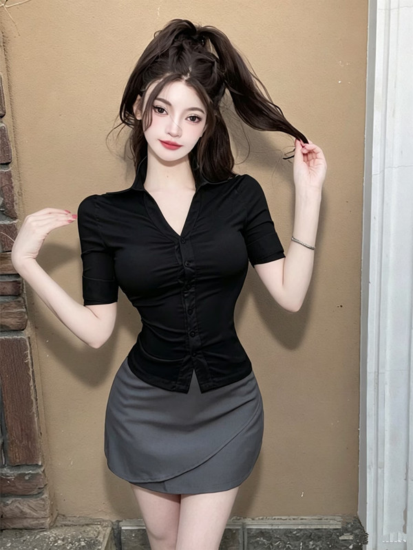 품격 로얄 자매 바람 V넥 반팔 여성 셔츠 허리 수축 슬림해 보이는 발 욕조 기술자 작업복 경력 출퇴근 세트 드레스