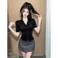 批发气质御姐风V领短袖衬衫女收腰显瘦足浴技师工作服职业通勤套装裙