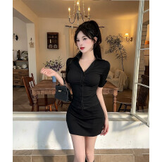 批发气质v领短袖衬衫女夏季辣妹收腰显瘦衬衣短款上衣包臀裙套装