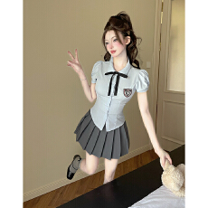 批发夏季学院风收腰衬衫女短袖减龄jk制服蝴蝶结蓝色衬衣+百褶裙套装