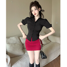 批发收腰黑衬衫<b class='q'>女</b><b class='q'>职业</b>工作服<b class='q'>套装</b>夏修身性感短袖衬衣包臀裙<b class='q'>套装</b>