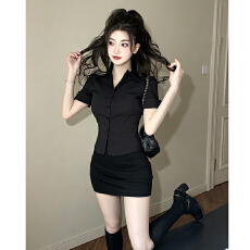 批发夏季黑色短袖衬衫女职业装修身性感御姐<b class='q'>OL</b>制服工作服气质衬衣上衣