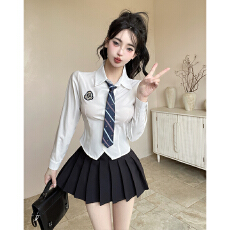 批发韩系甜辣学院风jk制服长袖<b class='q'>衬衫</b>套装裙女<b class='q'>职业</b>工作服收腰<b class='q'>衬衣</b>百褶裙