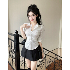 批发纯欲辣妹风蕾丝白色七分袖<b class='q'>衬衫</b><b class='q'>女</b>秋季收腰气质上衣百褶裙工衣套装