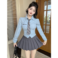 批发学院风JK制服套装<b class='q'>女</b>秋季蓝色长袖<b class='q'>衬衫</b>百褶裙通勤<b class='q'>职业</b>工作服两件套