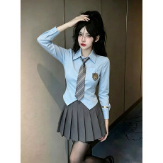 批发蓝色衬衫<b class='q'>秋</b>季学院风短款长袖衬衣百褶短裙足浴工作服时尚套装