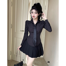 批发学院风jk制服<b class='q'>套装</b><b class='q'>女</b>秋季纯欲辣妹绝美收腰衬衫上衣百褶短裙工作服