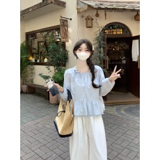 批发实拍实价~2026韩系蕾丝边系带上衣秋季荷叶边穿搭法式短款衬衫女