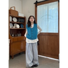 批发实拍实价~2025新款韩系木耳边打底衫叠穿甜美减龄马甲+阔腿<b class='q'>条纹</b>裤