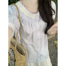 批发实拍实价~法式手工编织花边<b class='q'>衬衫女</b>夏季别致<b class='q'>短袖</b>娃娃衫显瘦上衣