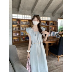 批发实拍实价~2026法式复古设计感珠链泡泡袖连衣裙气质显瘦系带A字裙