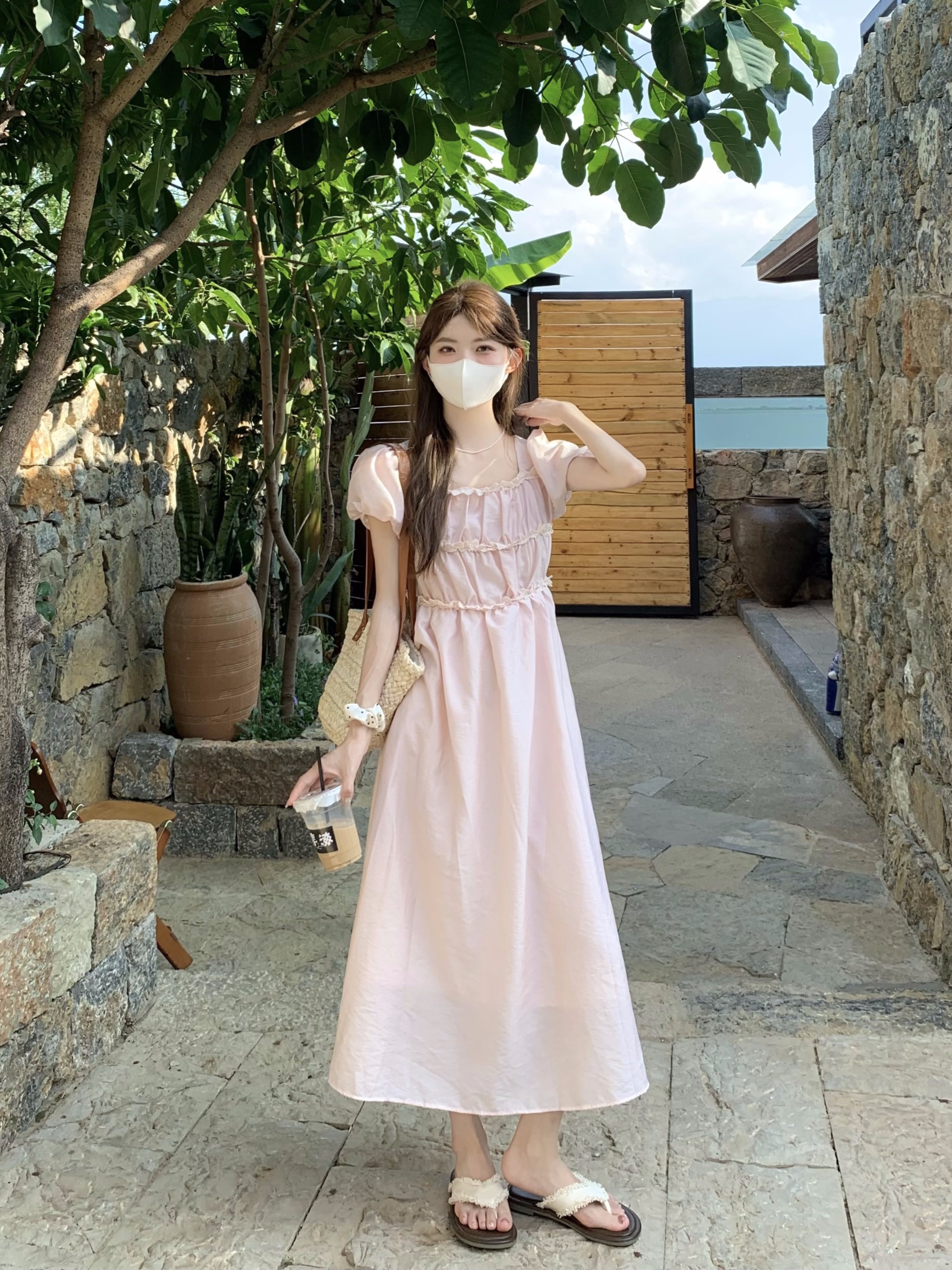 실사 정가 여름 달콤함 새로운 허리 수축 슬림해 보이는 디자인 센스 주름 장식 프릴 레이스 품격 롱 스커트 여성