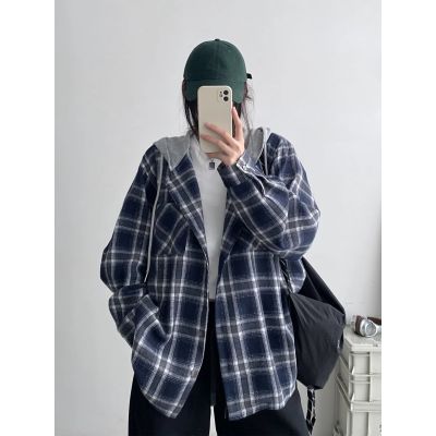 한국 스타일 레트로 후드 체크무늬 여성 셔츠 봄과 가을 옷 루즈핏 느긋한 바람 빅 사이즈 셔츠 재킷
