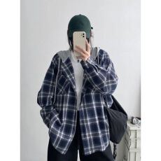 批发韩版复古连帽格子衬衫女春<b class='q'>秋装</b>宽松慵懒风大码衬衣外套