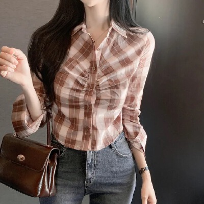 한국 스타일 다용도 디자인 센스 핀치 Pleat 체크무늬 긴팔 셔츠 체크무늬 쇼트 스타일 몸매 가꾸기 셔츠