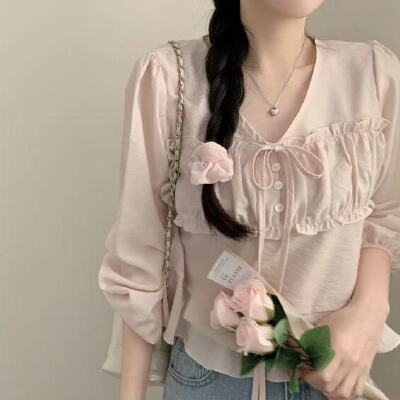 한국 스타일 chic 다용도 단색 쉬폰 블라우스 연꽃 잎 목이버섯 가져 가라. Pleat V넥 스트랩 셔츠