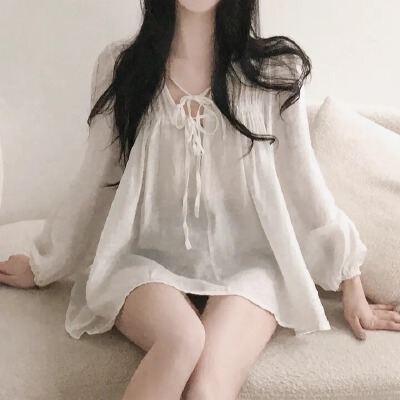 디자인 센스 V넥 주름 펌프 로프 쉬폰 블라우스 큰 진자 거품 소매 여성 셔츠 다용도 단색 맨위