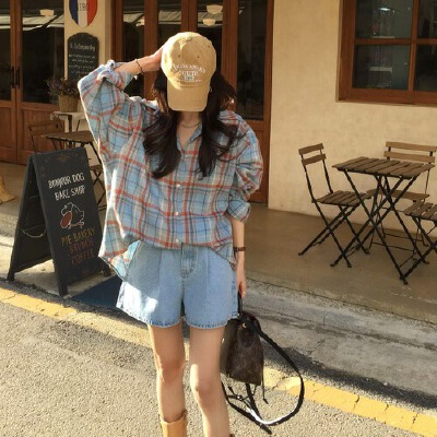 한국 ins 품격 느긋한 바람 폴로 칼라 부서 버클 배색 체크무늬 루즈핏 긴팔 셔츠