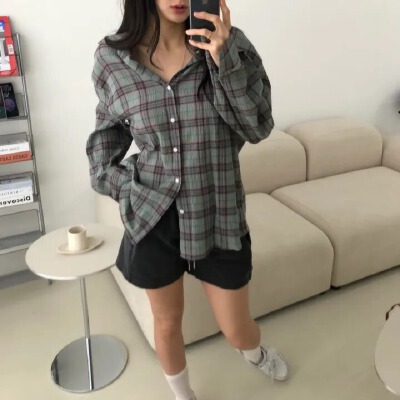 한국 스타일 chic 다용도 체크무늬 루즈핏 셔츠 레트로 대 프로필 모양 긴팔 맨위