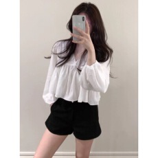 批发<b class='q'>韩国</b>chic秋季温柔小清新V领蕾丝拼接设计宽松长袖短款雪纺衬衫女