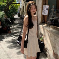 批发韩国东大门吊带抽绳褶皱<b class='q'>连衣裙</b>收腰无袖吊带裙韩系穿搭