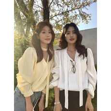 批发<b class='q'>韩国</b>chic  V领设计感褶皱系带雪纺衬衫