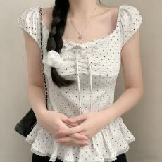 批发韩版纯欲波点背心女夏季蕾丝花边T恤绑带收腰荷叶边显瘦无袖上衣