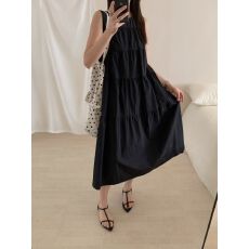 批发韩国chic夏季慵懒设计感小众无袖棉麻褶皱圆领宽松长款背心<b class='q'>连衣裙</b>