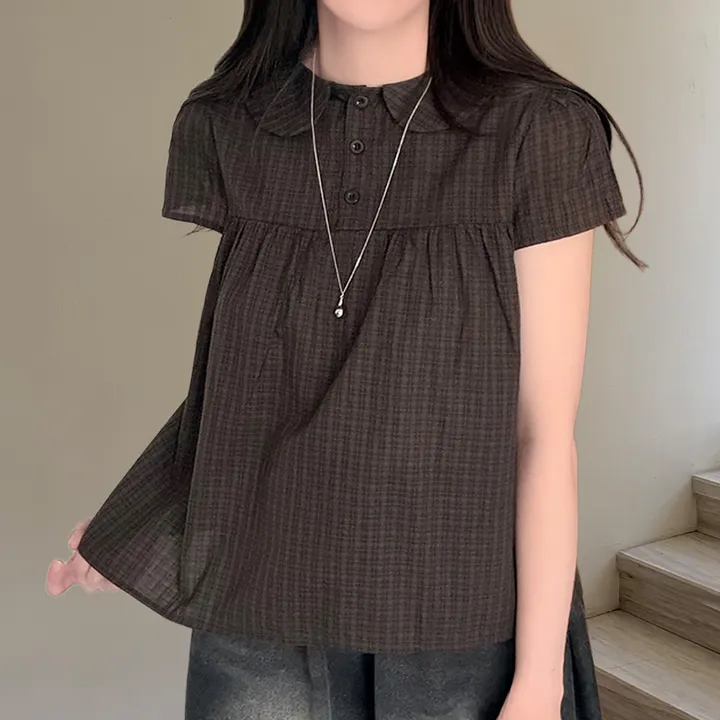 한국 스타일 달콤함 프릴 패치워크 베이비 칼라 작은 날다 소매 격자 무늬 셔츠