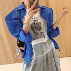 批发韩版薄款简约纯色<b class='q'>衬衫</b>女夏季宽松显瘦百搭休闲慵懒风长袖防晒上衣