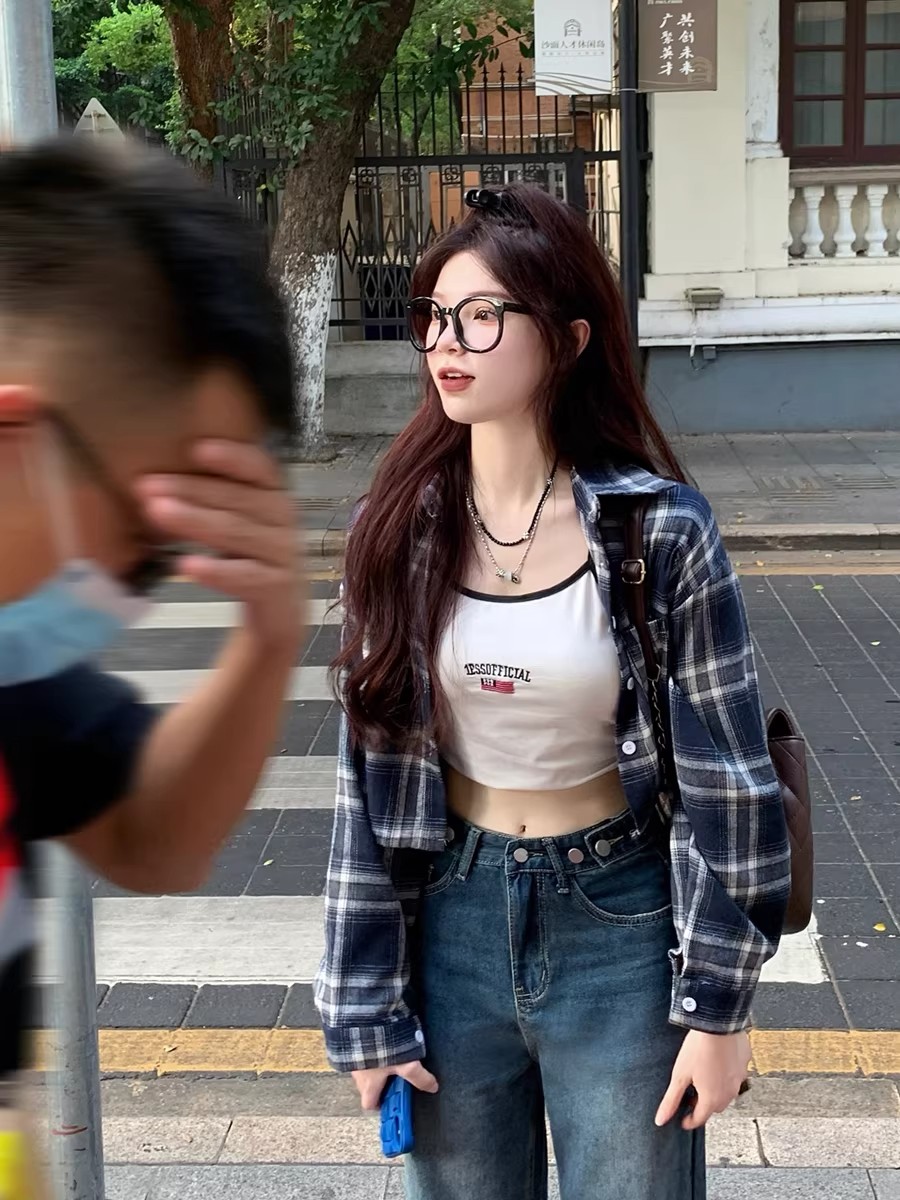 한국 chic 레트로 캐주얼 체크무늬 긴팔 셔츠 쇼트 스타일 맨위 여성