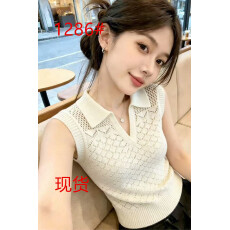 批发韩系钩花镂空翻领冰丝针织背心女夏季外穿设计感气质显瘦无袖上衣
