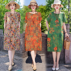 批发棉绸<b class='q'>连衣裙</b>夏季<b class='q'>人造棉</b>绵绸妈妈印花裙时尚洋气大码显瘦中老年裙子