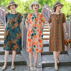 批发棉绸<b class='q'>连衣裙</b>夏季<b class='q'>人造棉</b>绵绸妈妈印花裙时尚洋气大码显瘦中老年裙子