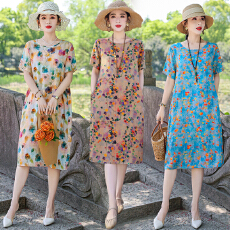 批发棉绸<b class='q'>连衣裙</b>夏季<b class='q'>人造棉</b>绵绸妈妈印花裙时尚洋气大码显瘦中老年裙子