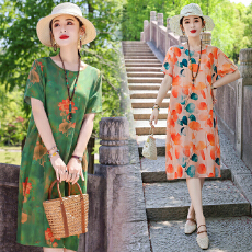 批发棉绸<b class='q'>连衣裙</b>夏季<b class='q'>人造棉</b>绵绸妈妈印花裙时尚洋气大码显瘦中老年裙子
