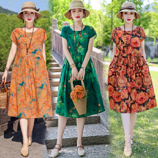 批发棉绸<b class='q'>连衣裙</b>女2025新款夏季<b class='q'>人造棉</b>绵时尚外穿中长款落肩袖碎花裙子