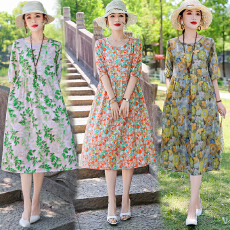 批发气质棉绸<b class='q'>连衣裙</b>女2025夏新款时尚洋气<b class='q'>人造棉</b>五分袖宽松中长款裙子