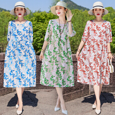 批发气质棉绸<b class='q'>连衣裙</b>女2025夏新款时尚洋气<b class='q'>人造棉</b>五分袖宽松中长款裙子