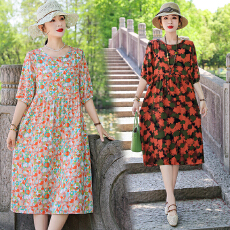 批发气质棉绸<b class='q'>连衣裙</b>女2025夏新款时尚洋气<b class='q'>人造棉</b>五分袖宽松中长款裙子